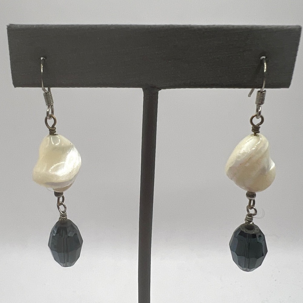 White Blue Beaded Earrings Drop Silver Tone Dangle
